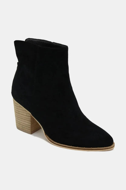 Black Beast Fashion suede point toe ankle booties with block heels, stylish and versatile for everyday wear.