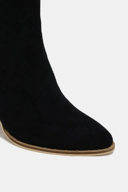 Black Beast Fashion suede point toe ankle booties with a sleek design and stylish silhouette.