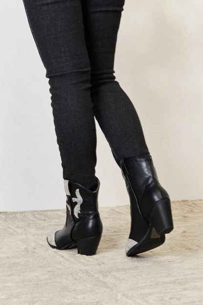 Black Rhinestone Pointed Boots by East Lion Corp featuring sparkling rhinestones and sleek pointed toe design.