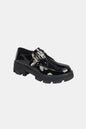 Black Forever Link Buckled Platform Lug Sole Loafers by Trendsi, showing the stylish loafers with buckle details and chunky lug soles.