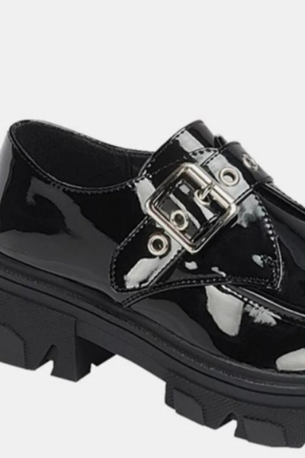 Black Forever Link Buckled Platform Lug Sole Loafers by Trendsi, featuring a sleek design with buckled straps and chunky lug soles.