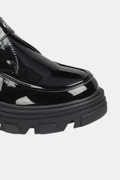 Black Forever Link Buckled Platform Lug Sole Loafers by Trendsi, featuring a stylish buckle and chunky lug sole for a bold look.