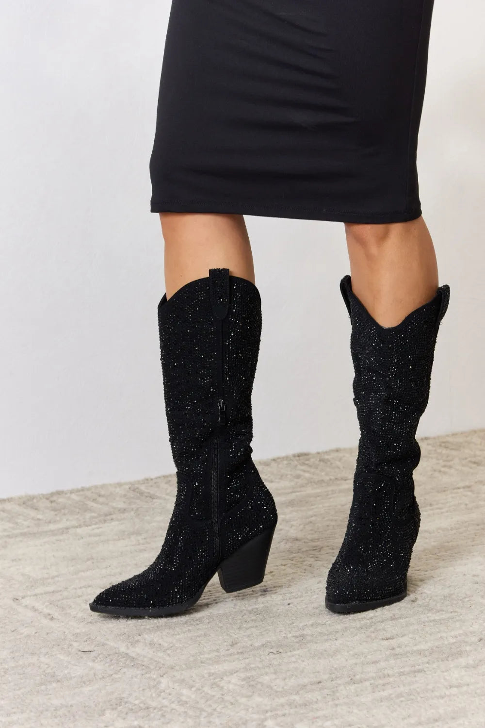 Black Forever Link Rhinestone Knee High Cowboy Boots by Trendsi with sparkling rhinestone embellishments and pointed toe design.