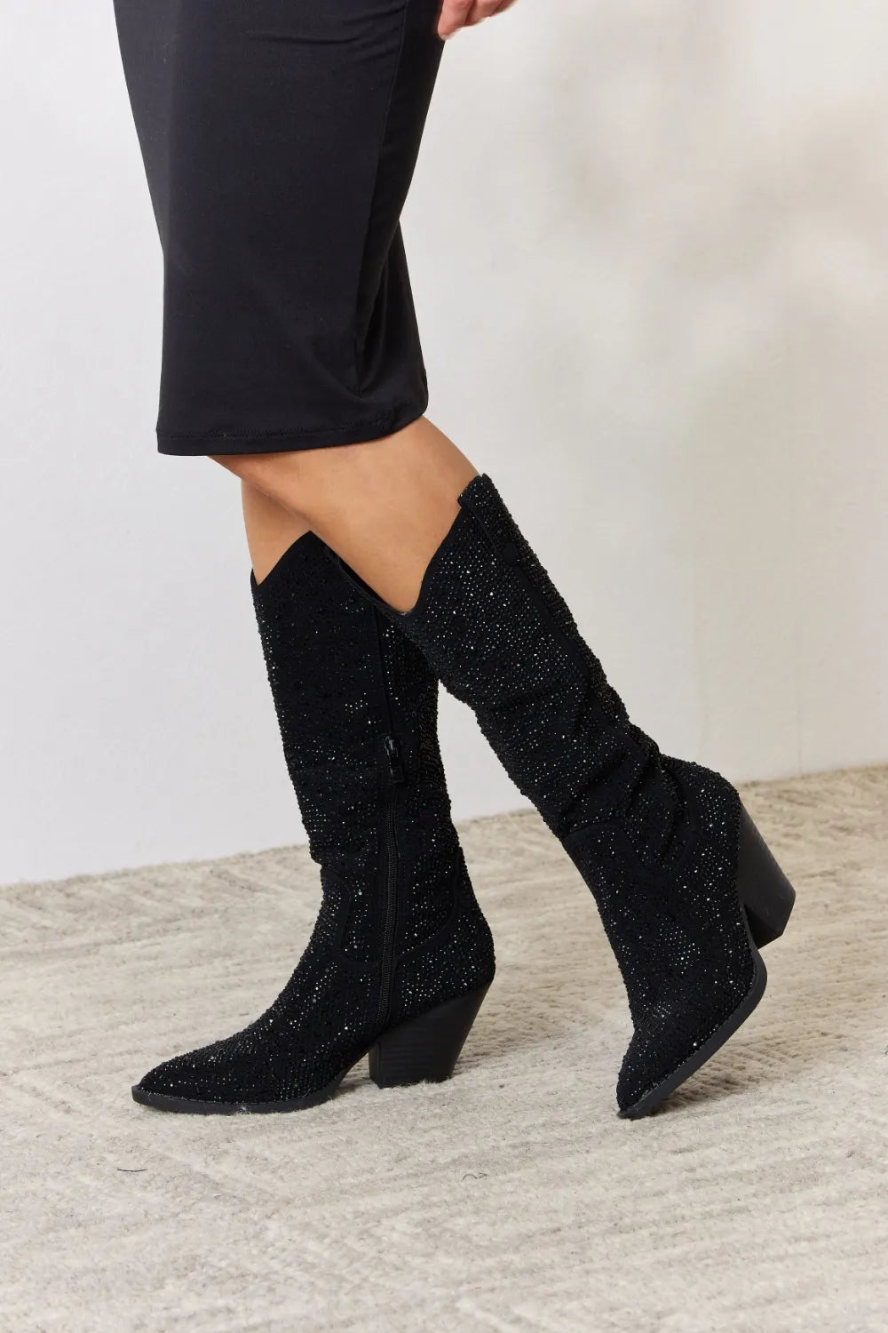 Black Forever Link Rhinestone Knee High Cowboy Boots by Trendsi featuring sparkling rhinestone accents and pointed toes.