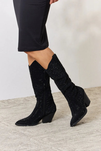 Black Forever Link Rhinestone Knee High Cowboy Boots by Trendsi featuring sparkling rhinestone accents and pointed toes.