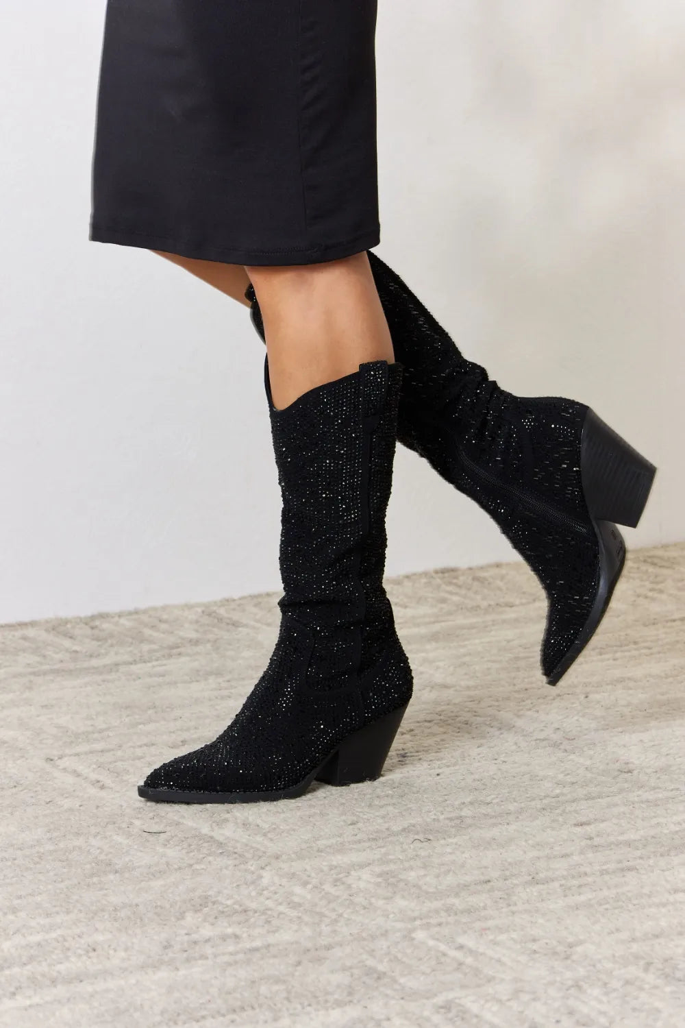 Black Forever Link Rhinestone Knee High Cowboy Boots by Trendsi featuring sparkling rhinestones and classic cowboy boot design.