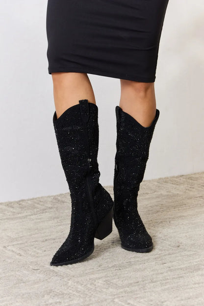 Black Forever Link Rhinestone Knee High Cowboy Boots by Trendsi featuring sparkling rhinestone details and pointed toe design.