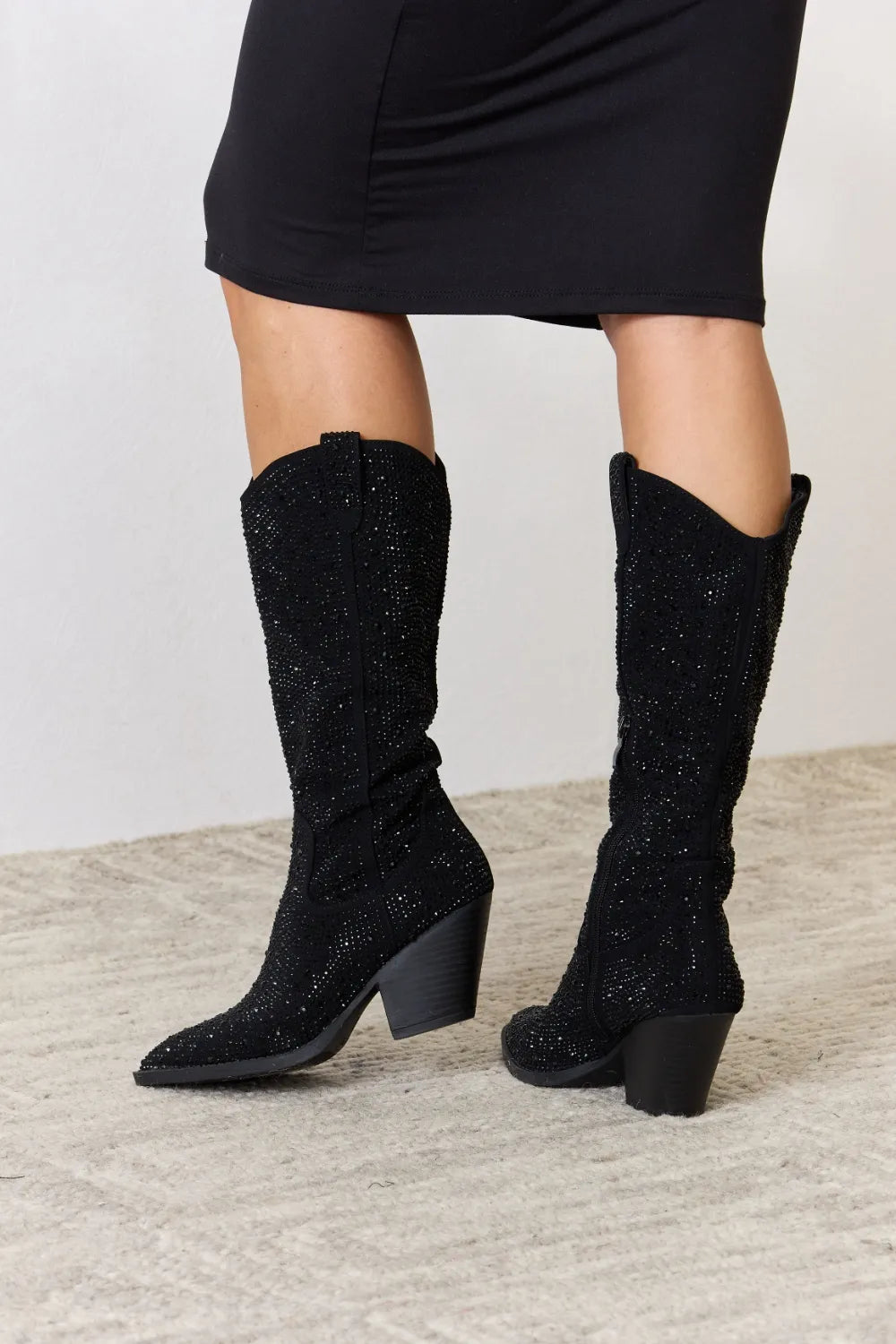 Black Forever Link Rhinestone Knee High Cowboy Boots by Trendsi featuring sparkling rhinestone accents and classic cowboy style.