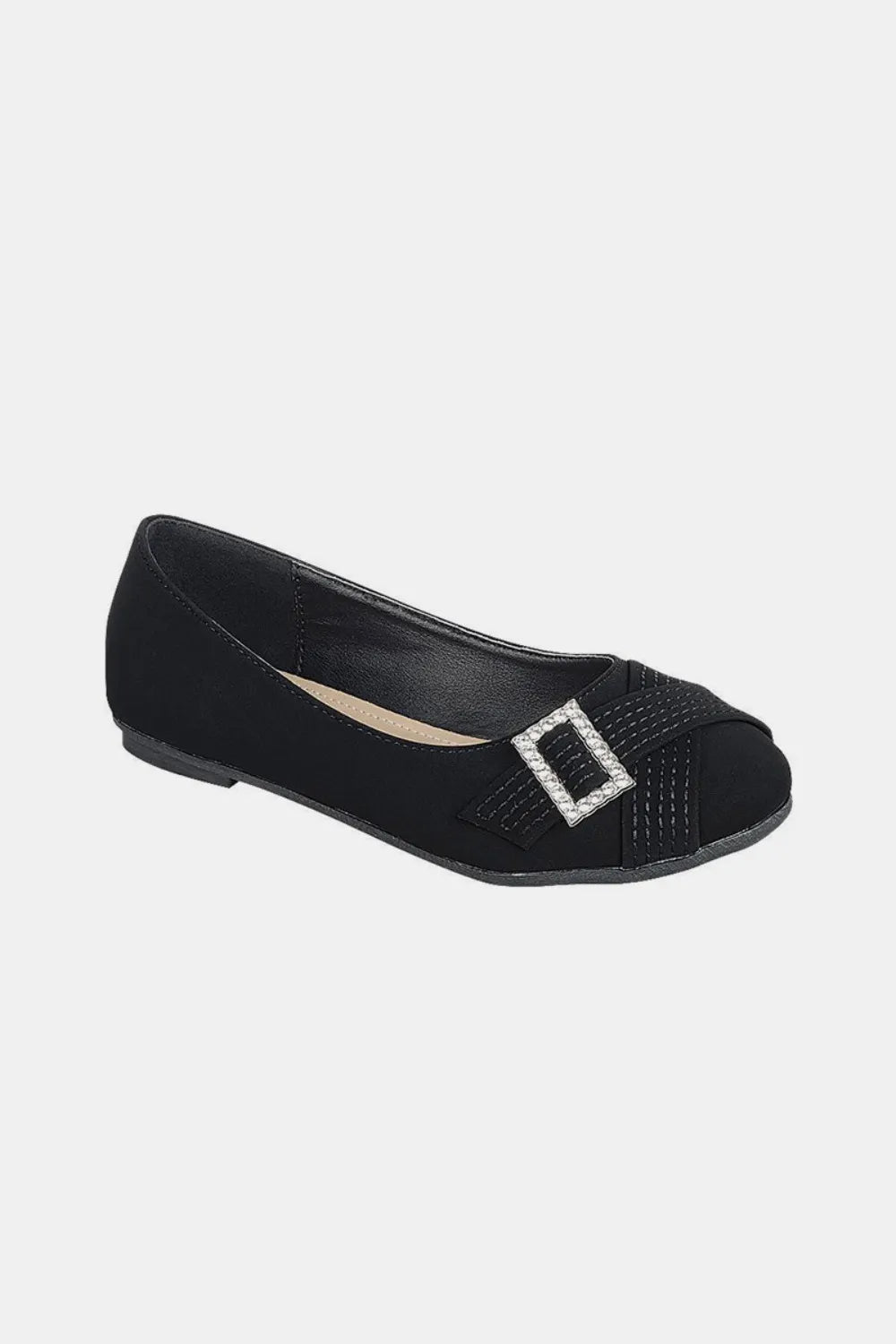 Black Forever Link slip-on ballet flats by Trendsi with rhinestone buckle detail, comfortable and stylish for everyday wear.