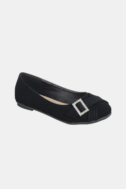 Black Forever Link slip-on ballet flats by Trendsi with rhinestone buckle detail, comfortable and stylish for everyday wear.