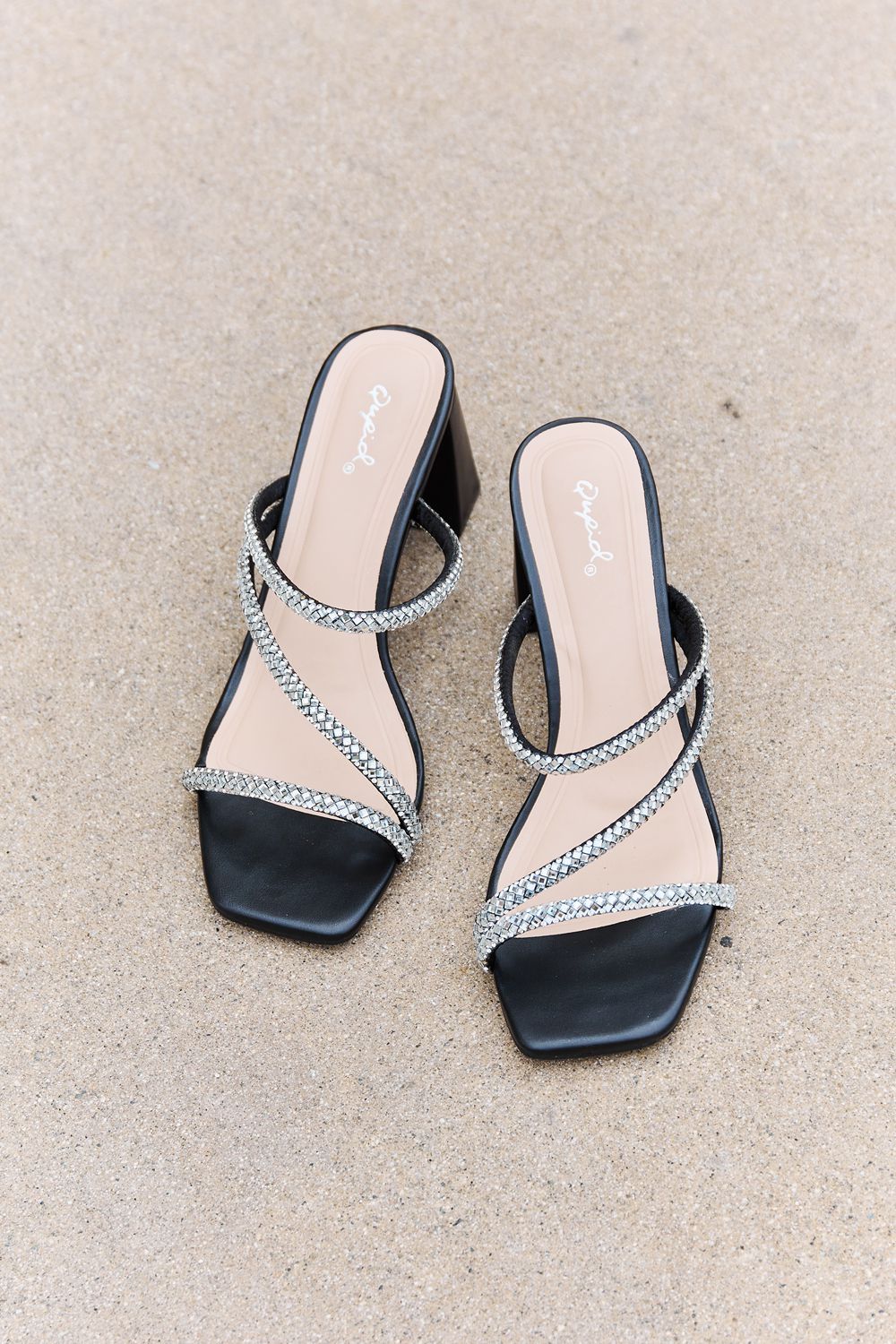 Black Qupid Level Up rhinestone strap heels with open toes and ankle straps, stylish for elegant occasions.