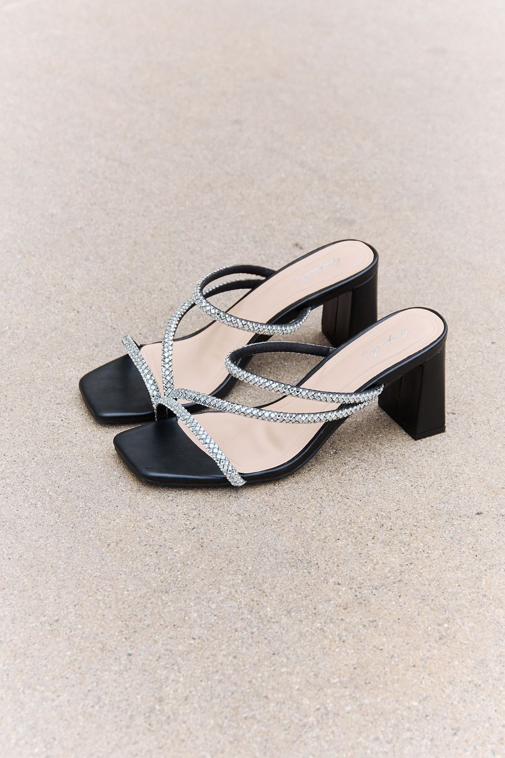 Black Qupid Level Up Rhinestone Strap Heels featuring sparkling rhinestone straps and a stylish high heel design.