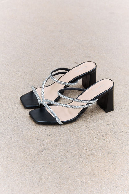 Black Qupid Level Up Rhinestone Strap Heels featuring sparkling rhinestone straps and a stylish high heel design.