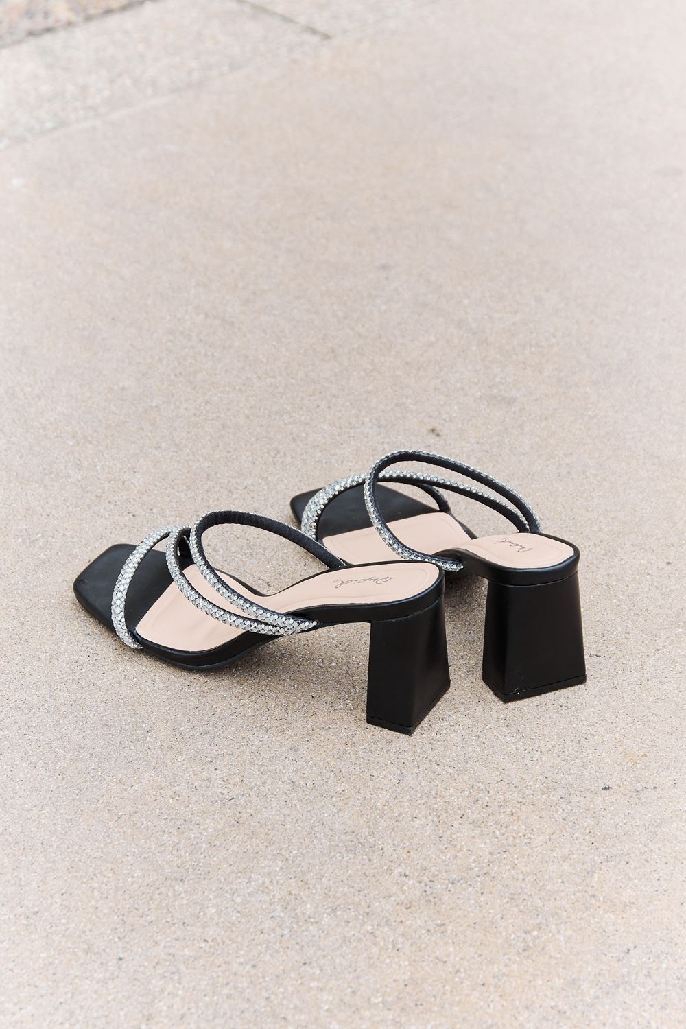 Black Qupid Level Up Rhinestone Strap Heels with sparkling rhinestone details and ankle strap, stylish women's dress shoes.