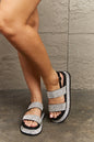 Black Qupid Shine On platform rhinestone slingback sandal with rhinestone embellishments and chunky sole, stylish for women.