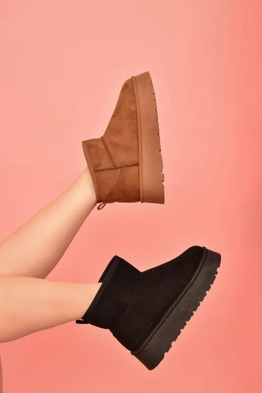 Black WILD DIVA suede round toe platform booties by Trendsi, featuring a stylish chunky heel and sleek design.