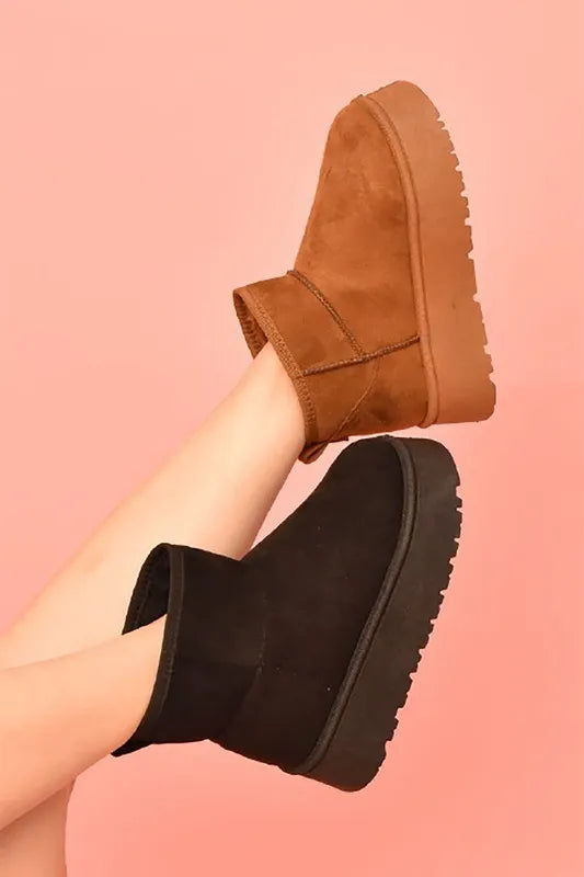 Black Wild Diva suede round toe platform booties with chunky heels and stylish design, perfect for trendy fashion looks.