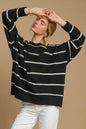 Black and cream wool blend striped round neck sweater by Umgee, featuring a cozy, casual fit and classic pattern.