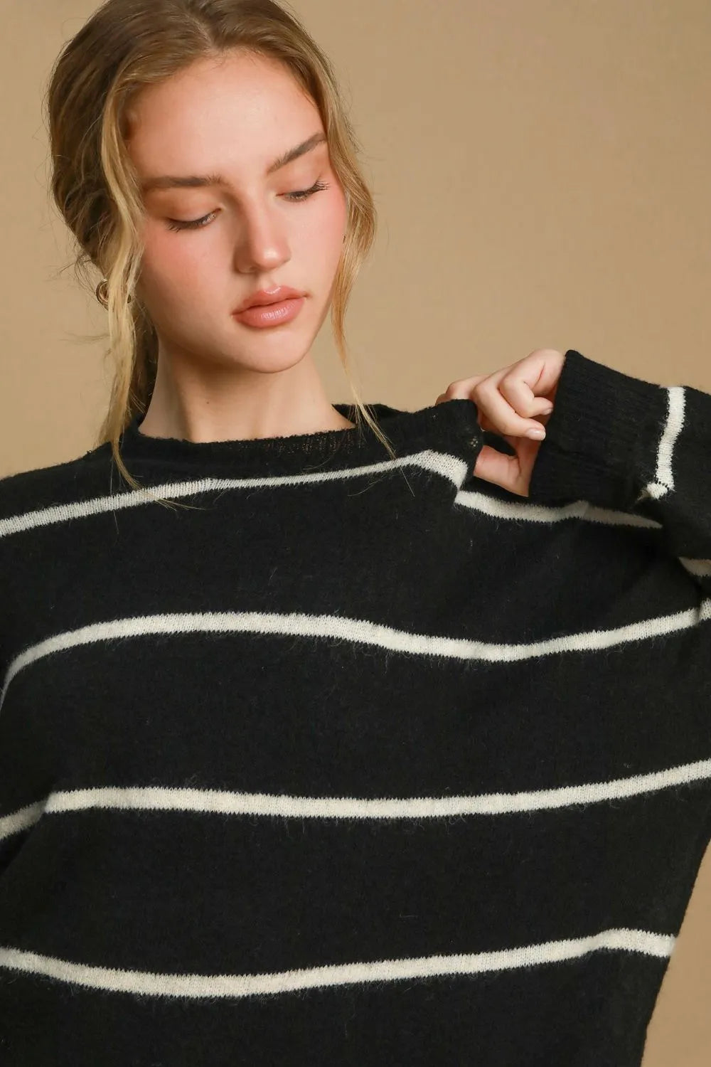 Black and cream striped Wool Blend Round Neck Sweater from Umgee, featuring a cozy fit and classic design.