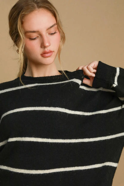 Black and cream striped Wool Blend Round Neck Sweater from Umgee, featuring a cozy fit and classic design.