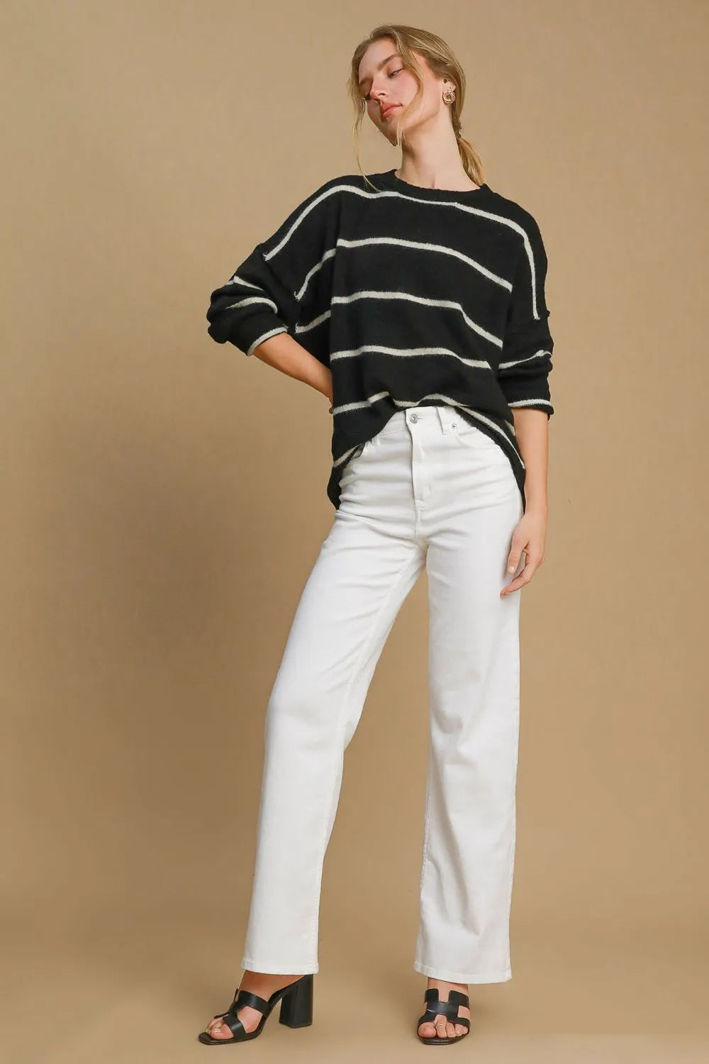 Black and cream striped Wool Blend Round Neck Sweater by Umgee, featuring a cozy, stylish design with a classic fit.