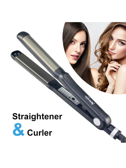 Trendsi black 2-in-1 hair straightener and curler with European plug, showing sleek design and versatile styling features.