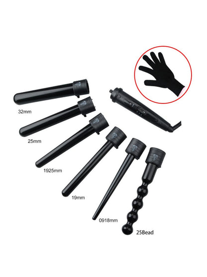 Trendsi 6-in-1 interchangeable curling iron with black European plug, featuring multiple barrel sizes for versatile styling.