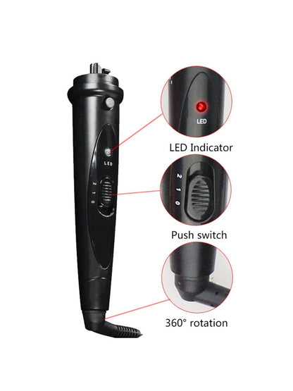 Black Trendsi 6-in-1 interchangeable curling iron with European plug, showcasing multiple curling barrel attachments.