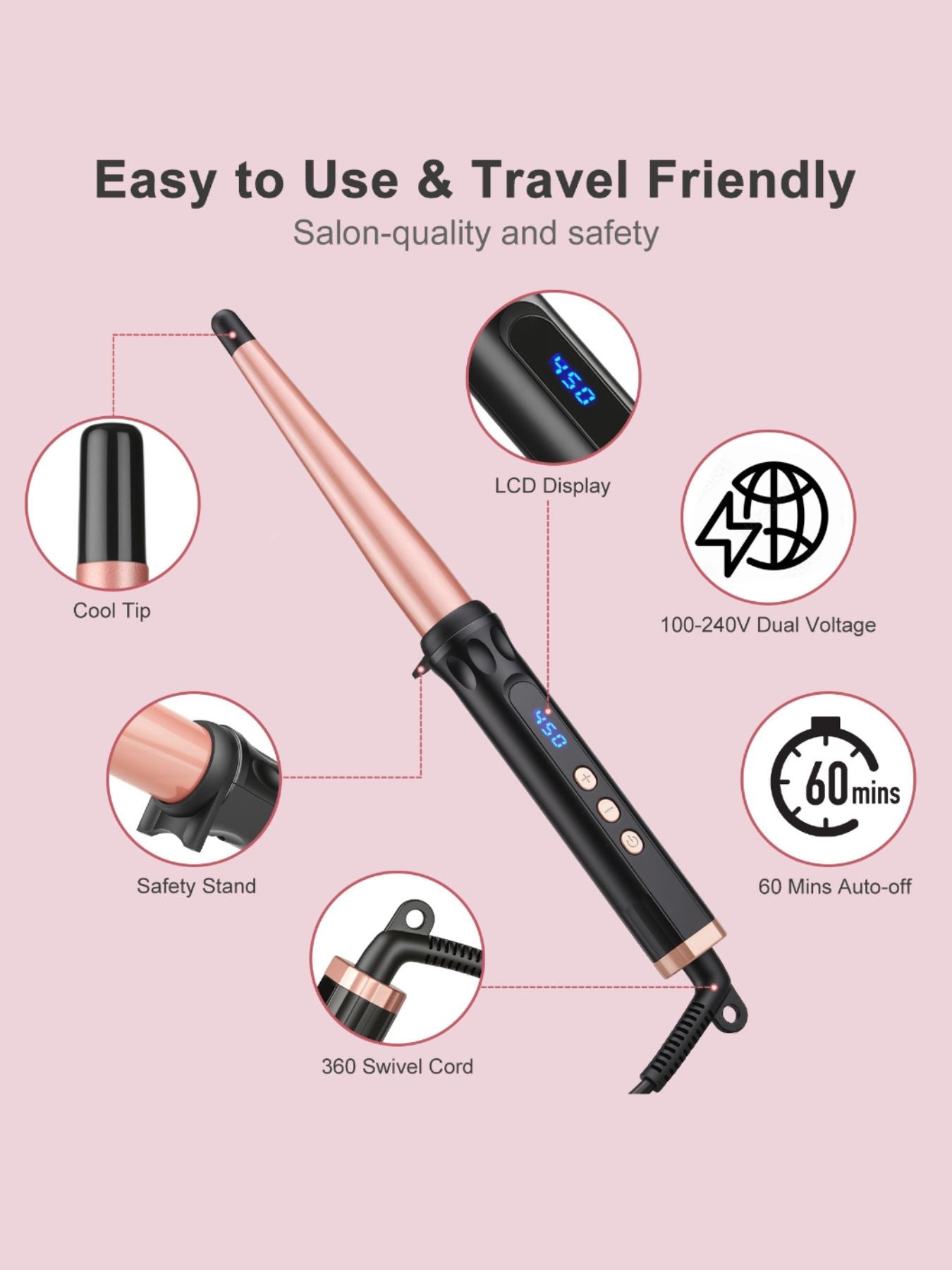 Black Trendsi adjustable temperature hair curling iron with European plug, featuring a sleek design and curling barrel.