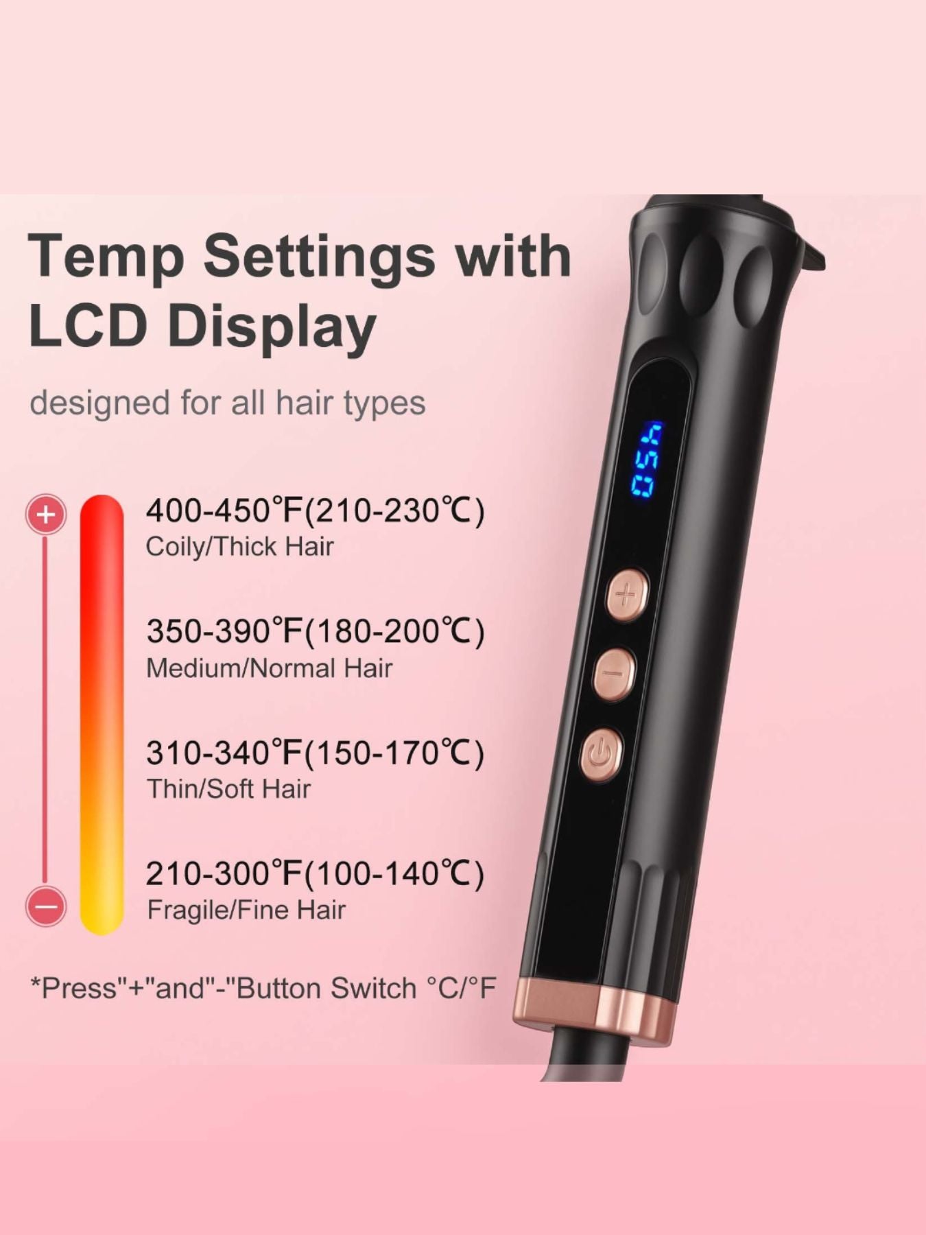 Black Trendsi adjustable temperature hair curling iron with European plug and ceramic barrel for versatile styling.