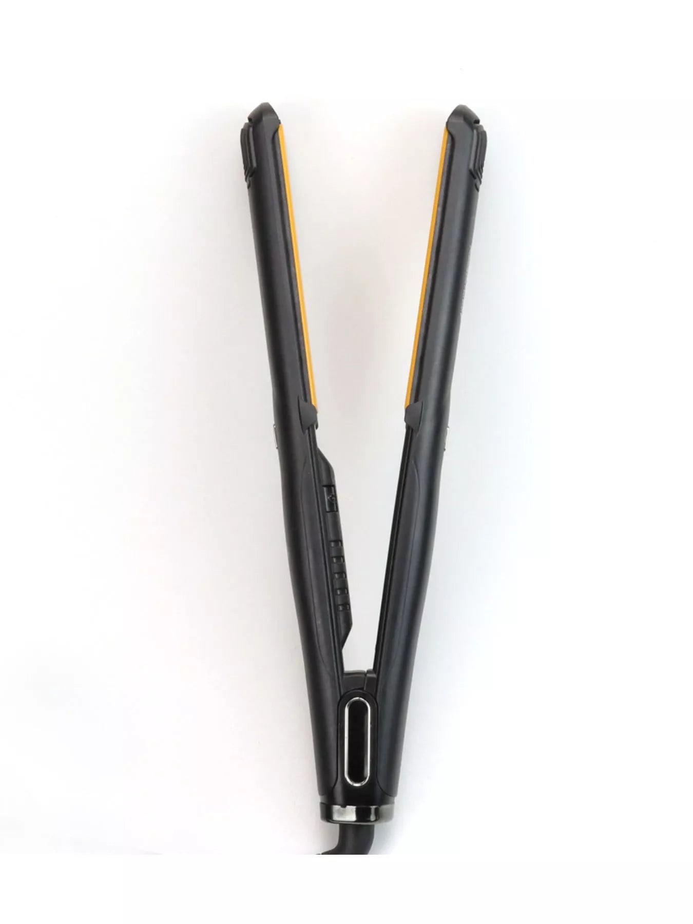 Black adjustable temperature hair straightener by Trendsi with European plug, sleek design, and digital temperature control for styling.
