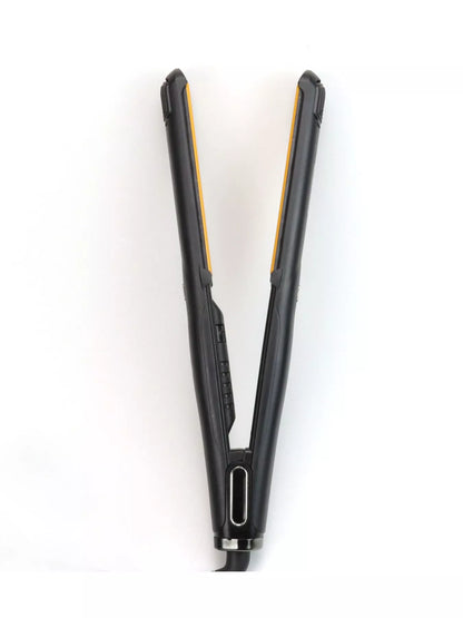 Black adjustable temperature hair straightener by Trendsi with European plug, sleek design, and digital temperature control for styling.