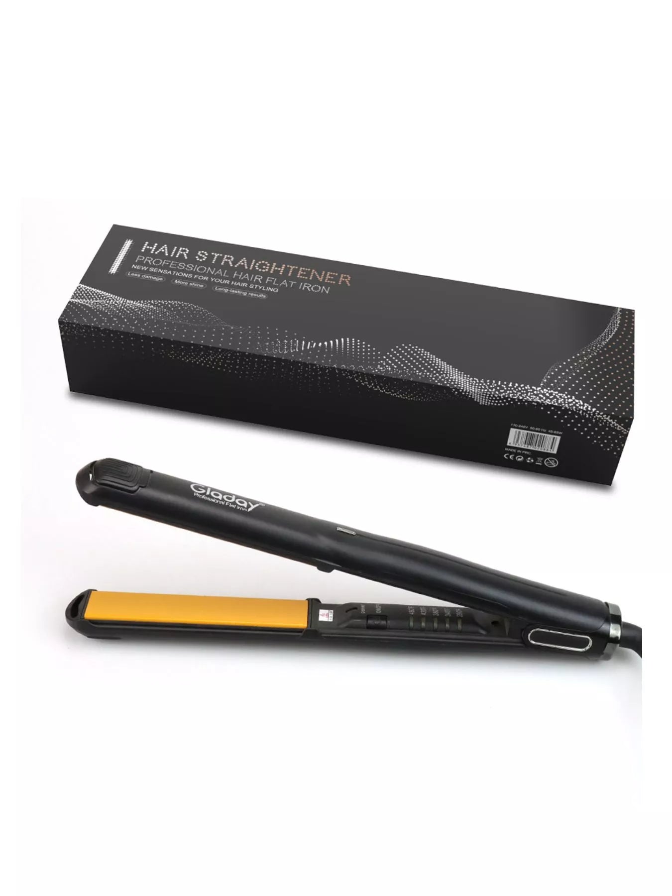 Black Trendsi adjustable temperature hair straightener with European plug, showing ceramic plates and digital temperature control.