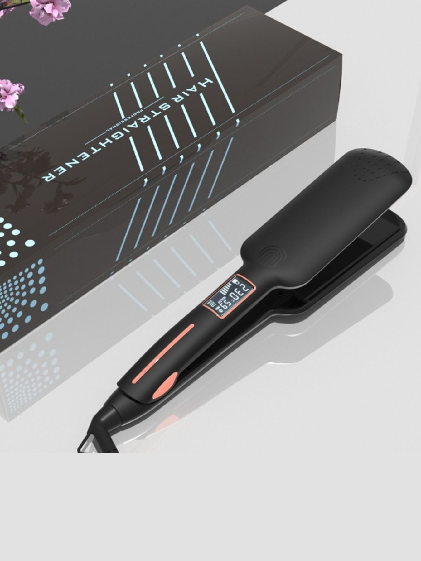 Black adjustable temperature hair straightener by Trendsi with European plug, showing ceramic plates and digital temperature control.