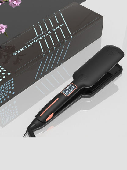 Black adjustable temperature hair straightener by Trendsi with European plug, showing ceramic plates and digital temperature control.