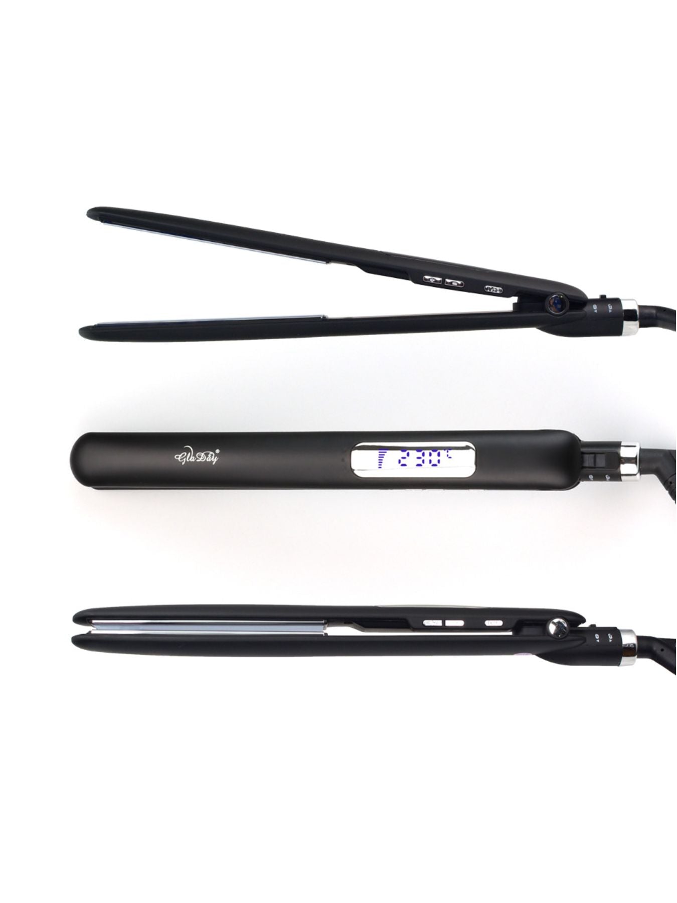 Black Trendsi adjustable temperature hair straightener with European plug, featuring ceramic plates for smooth styling.