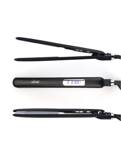 Black Trendsi adjustable temperature hair straightener with European plug, featuring ceramic plates for smooth styling.