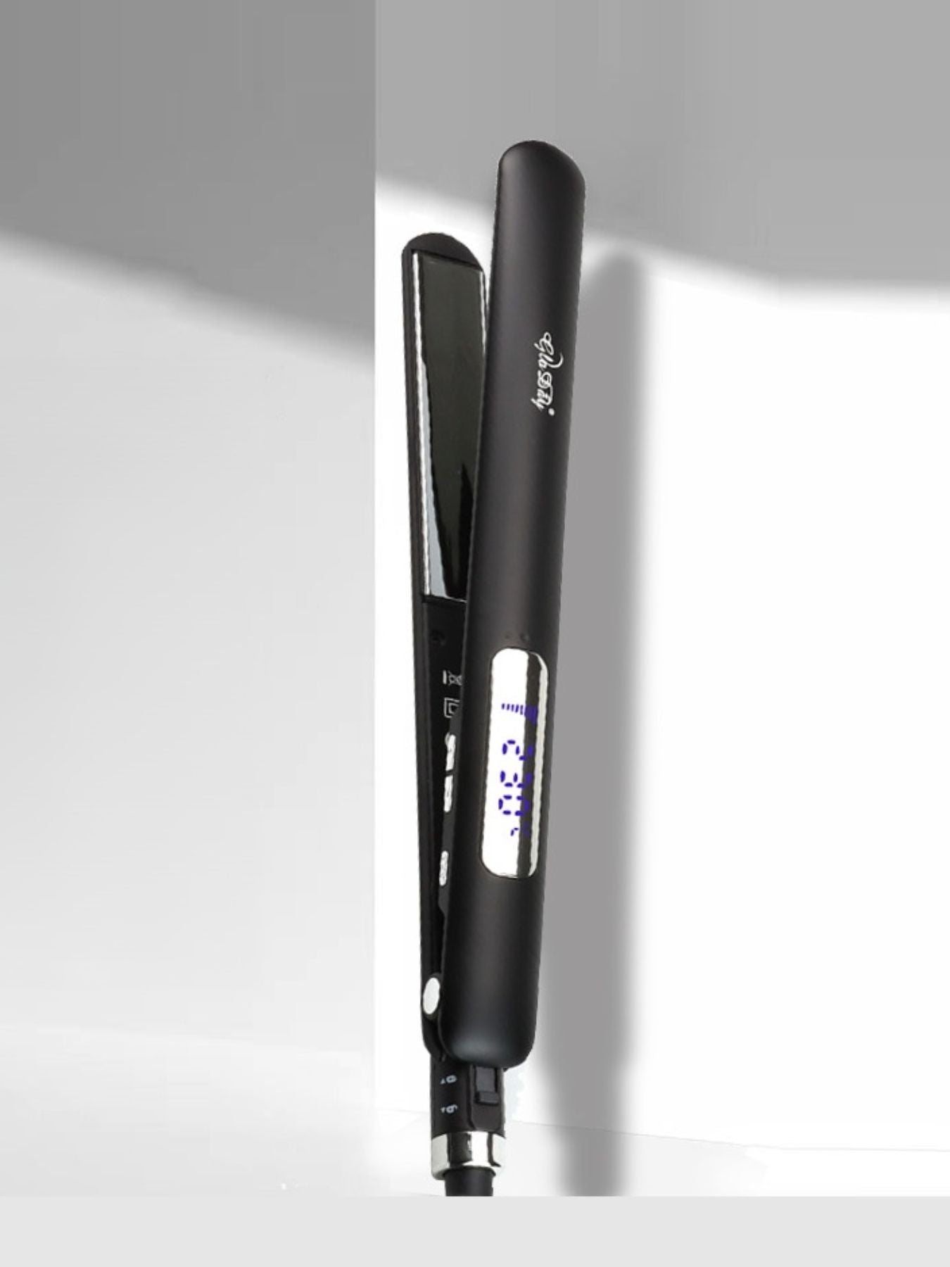 Black Trendsi adjustable temperature hair straightener with European plug, featuring ceramic plates for smooth styling.
