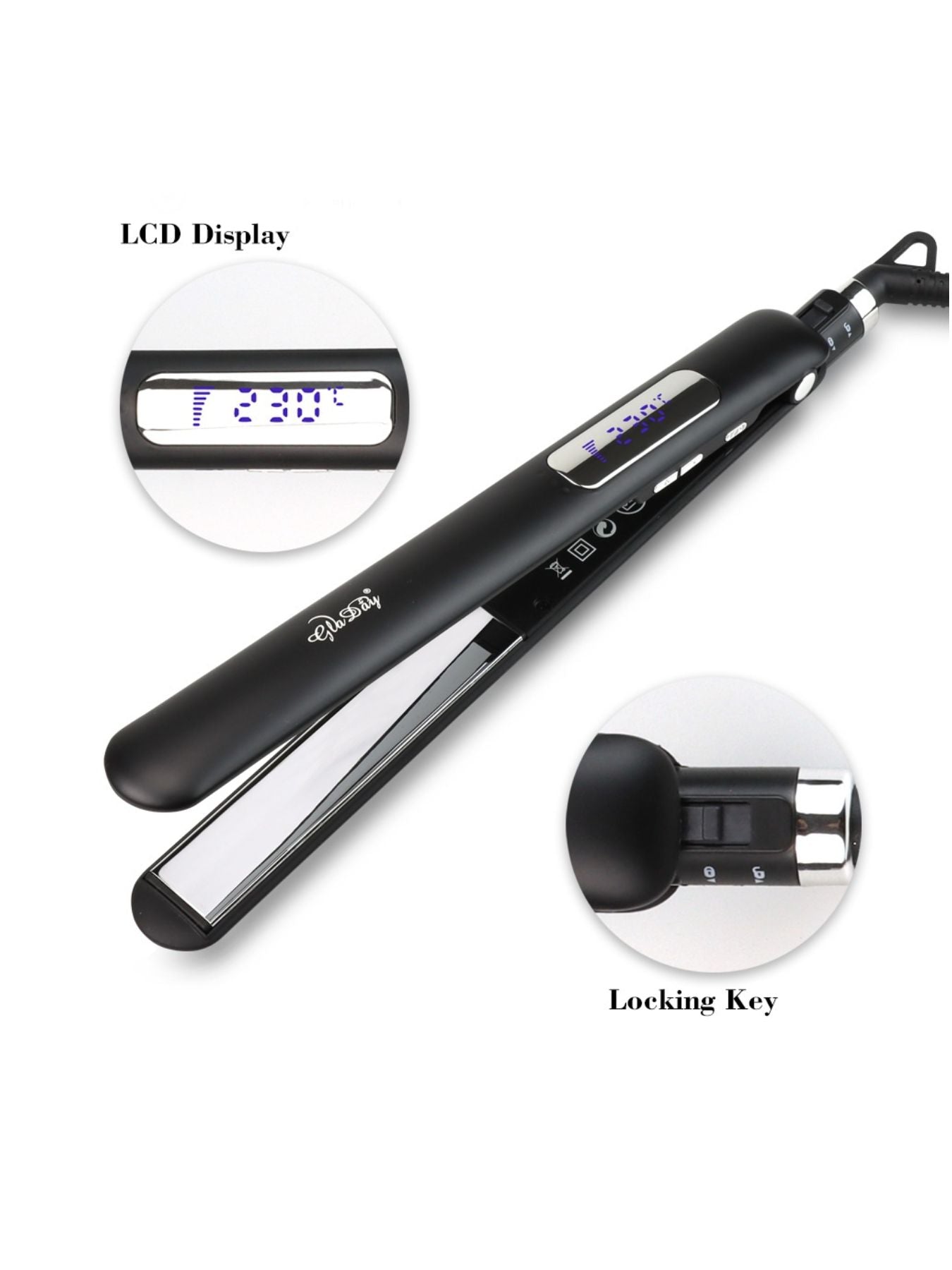 Trendsi black adjustable temperature hair straightener with European plug, featuring sleek design and ceramic plates for smooth styling.
