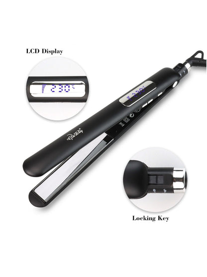 Trendsi black adjustable temperature hair straightener with European plug, featuring sleek design and ceramic plates for smooth styling.