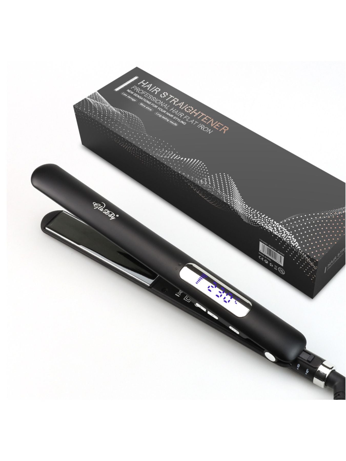 Black adjustable temperature hair straightener by Trendsi with European plug, featuring ceramic plates for smooth styling.