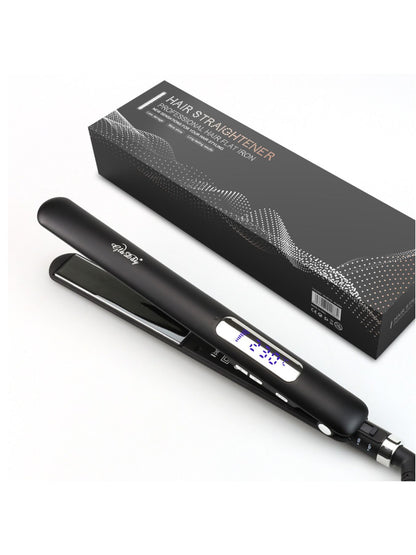 Black adjustable temperature hair straightener by Trendsi with European plug, featuring ceramic plates for smooth styling.
