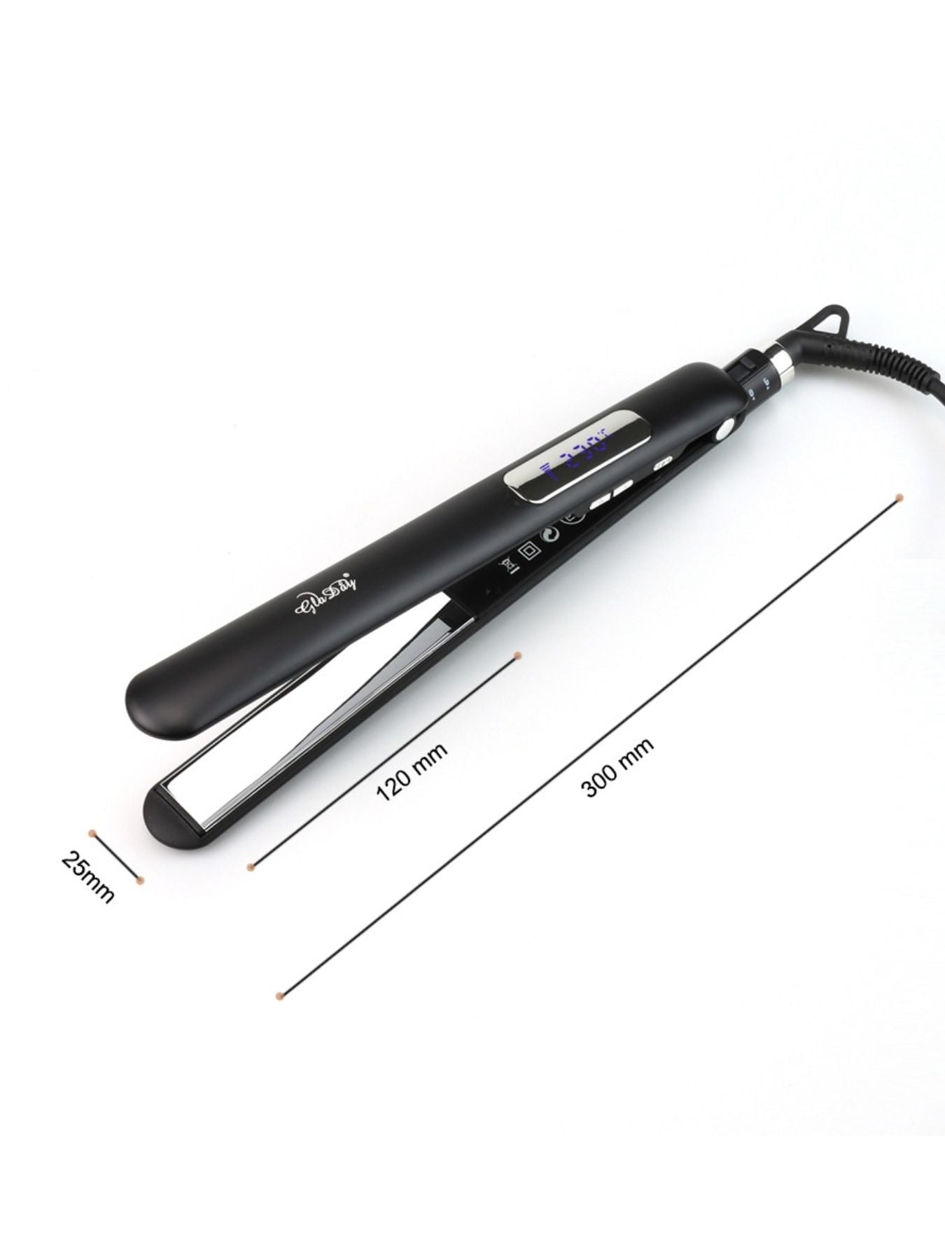 Black Trendsi adjustable temperature hair straightener with European plug, ceramic plates, and digital temperature control.