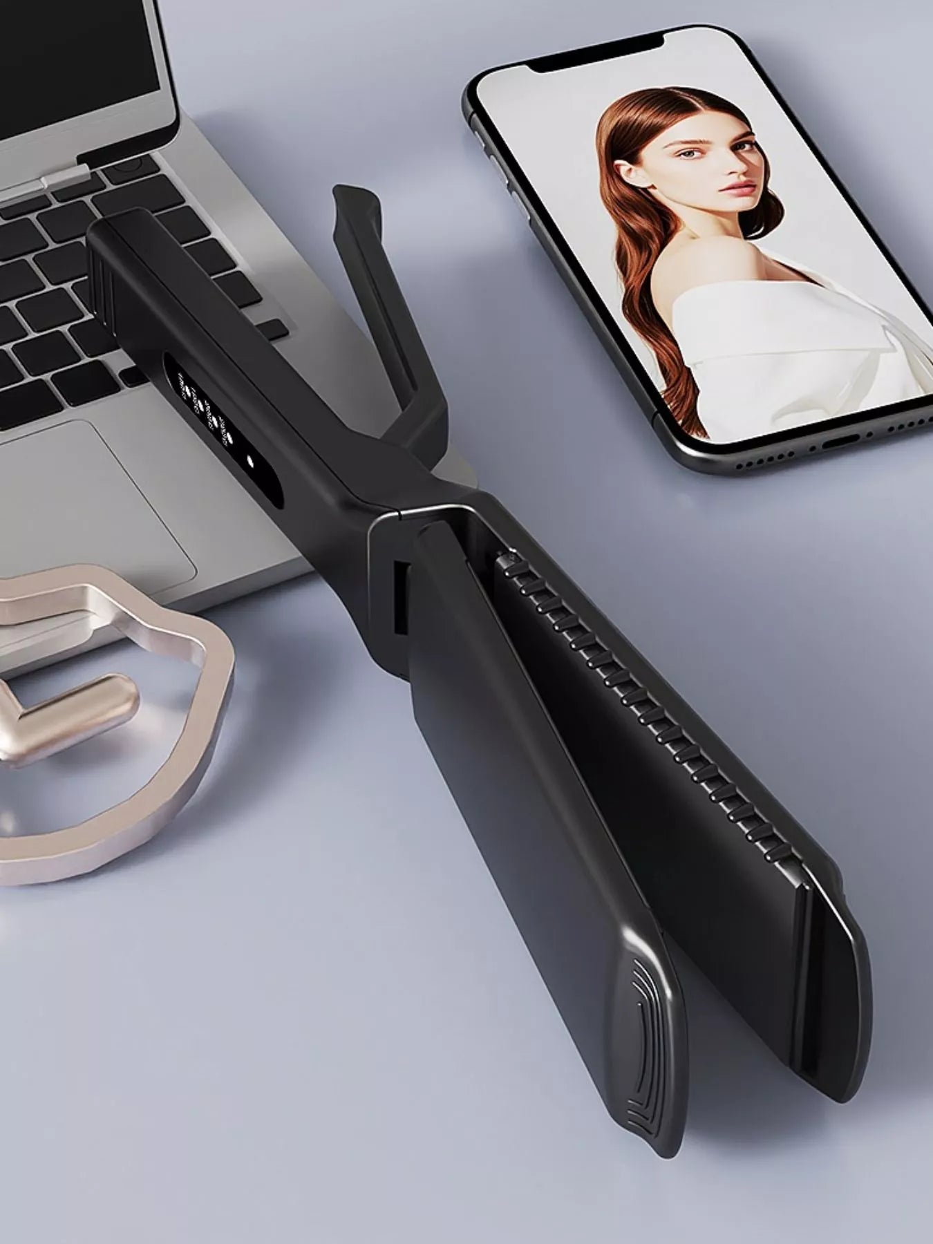 Black Trendsi adjustable temperature hair straightener with European plug, featuring sleek design and ceramic plates for smooth styling.