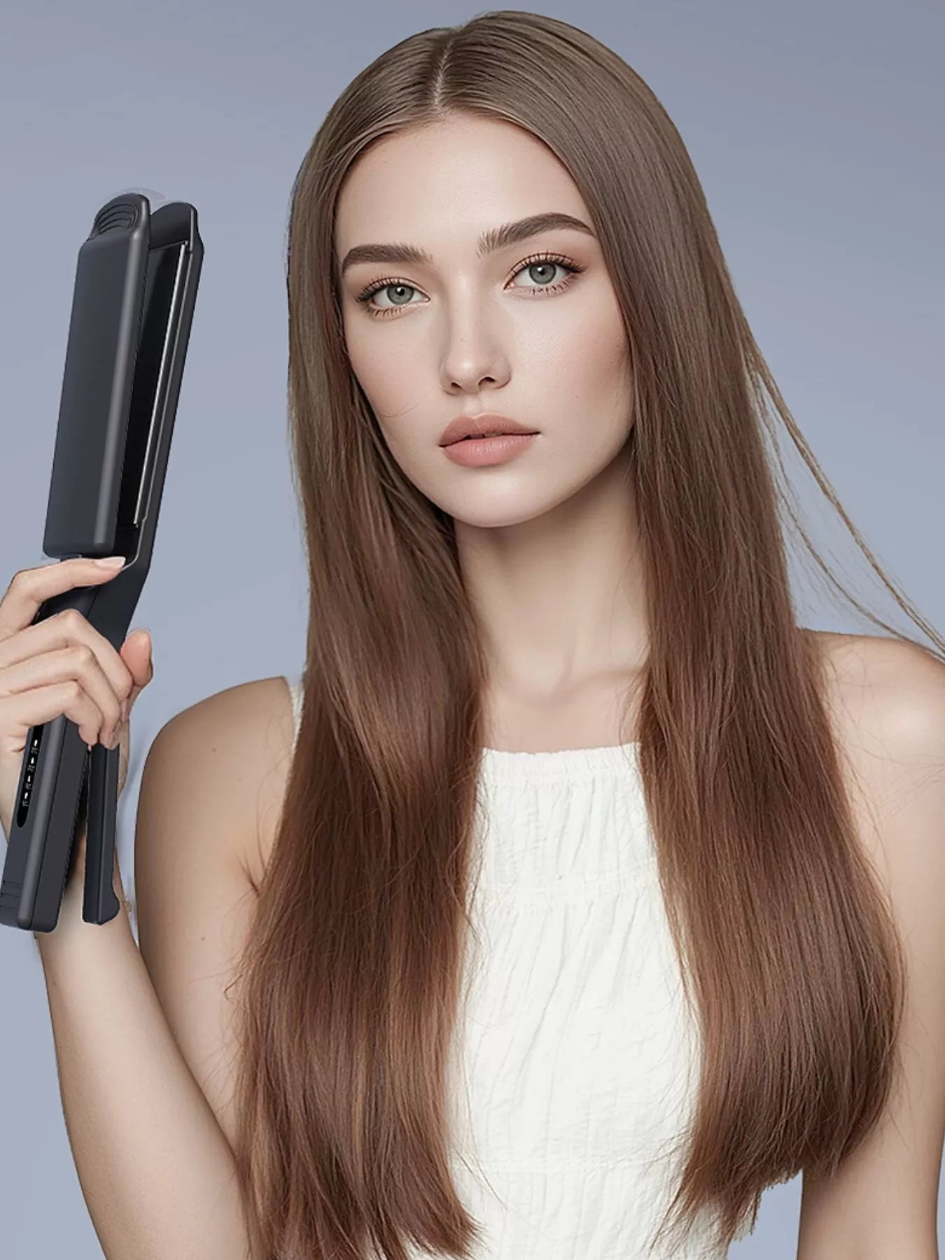 Black Trendsi adjustable temperature hair straightener with European plug, showcasing sleek design and multiple heat settings.