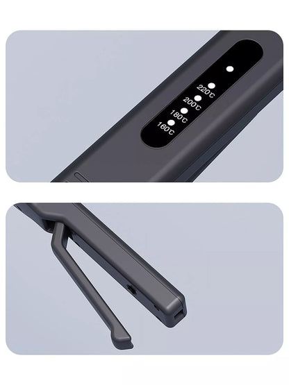 Black Trendsi adjustable temperature hair straightener with European plug, showcasing sleek design and ceramic plates for smooth styling.