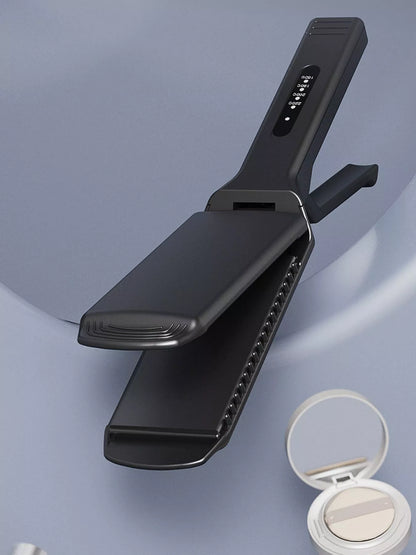 Black Trendsi adjustable temperature hair straightener with European plug showing ceramic plates and digital temperature control.