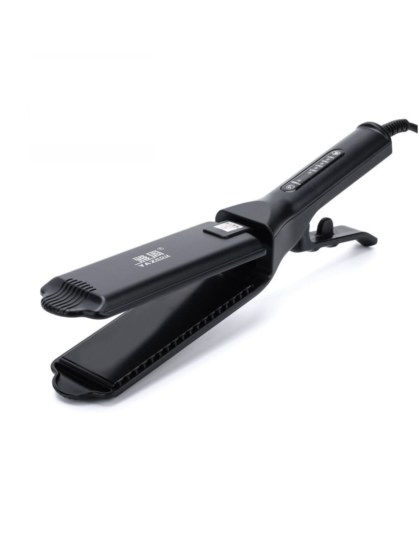 Black Trendsi adjustable temperature hair straightener with European plug, featuring sleek design and ceramic plates for smooth styling.
