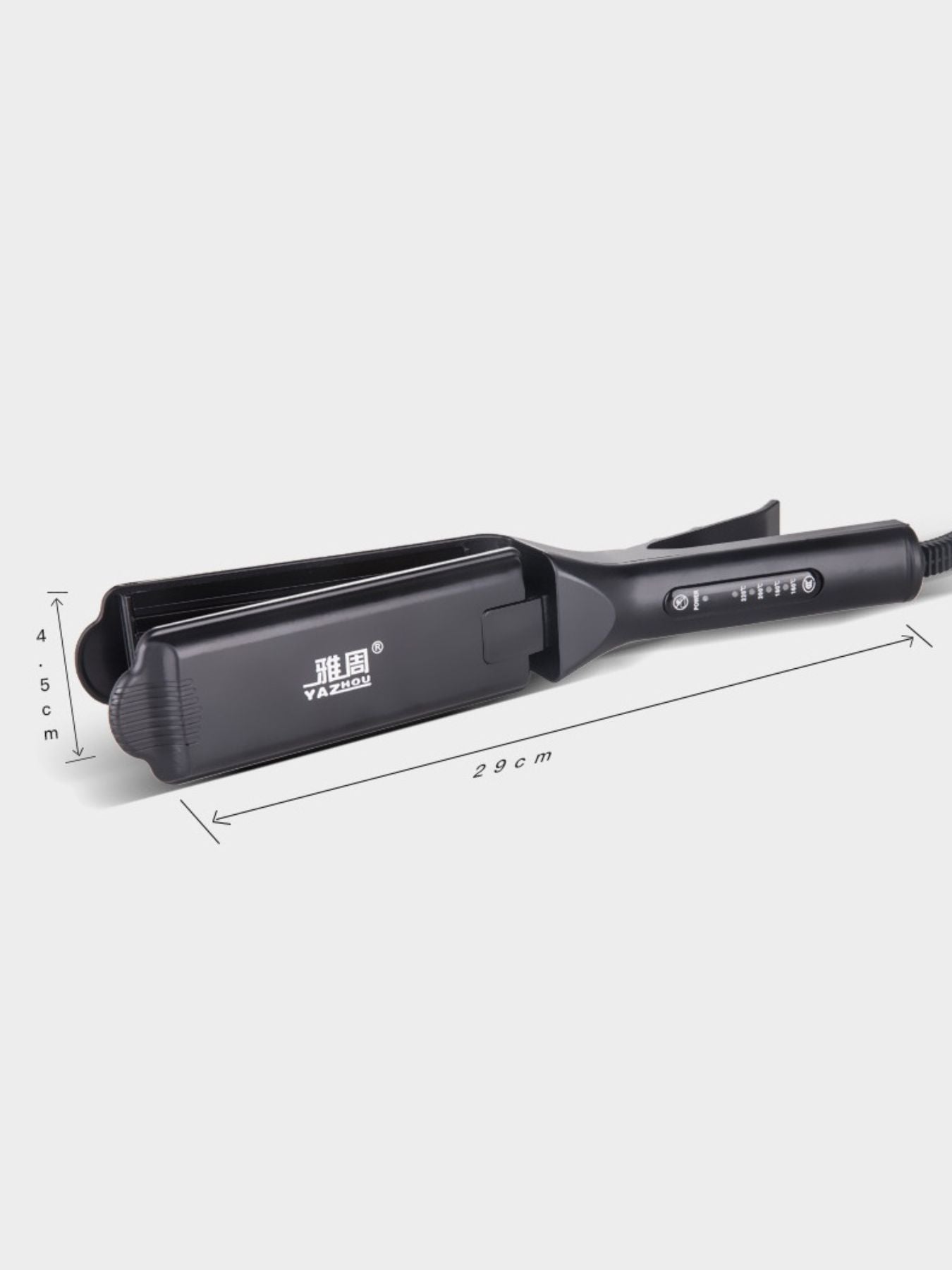 Black Trendsi adjustable temperature hair straightener with European plug, featuring sleek design and ceramic plates for smooth styling.