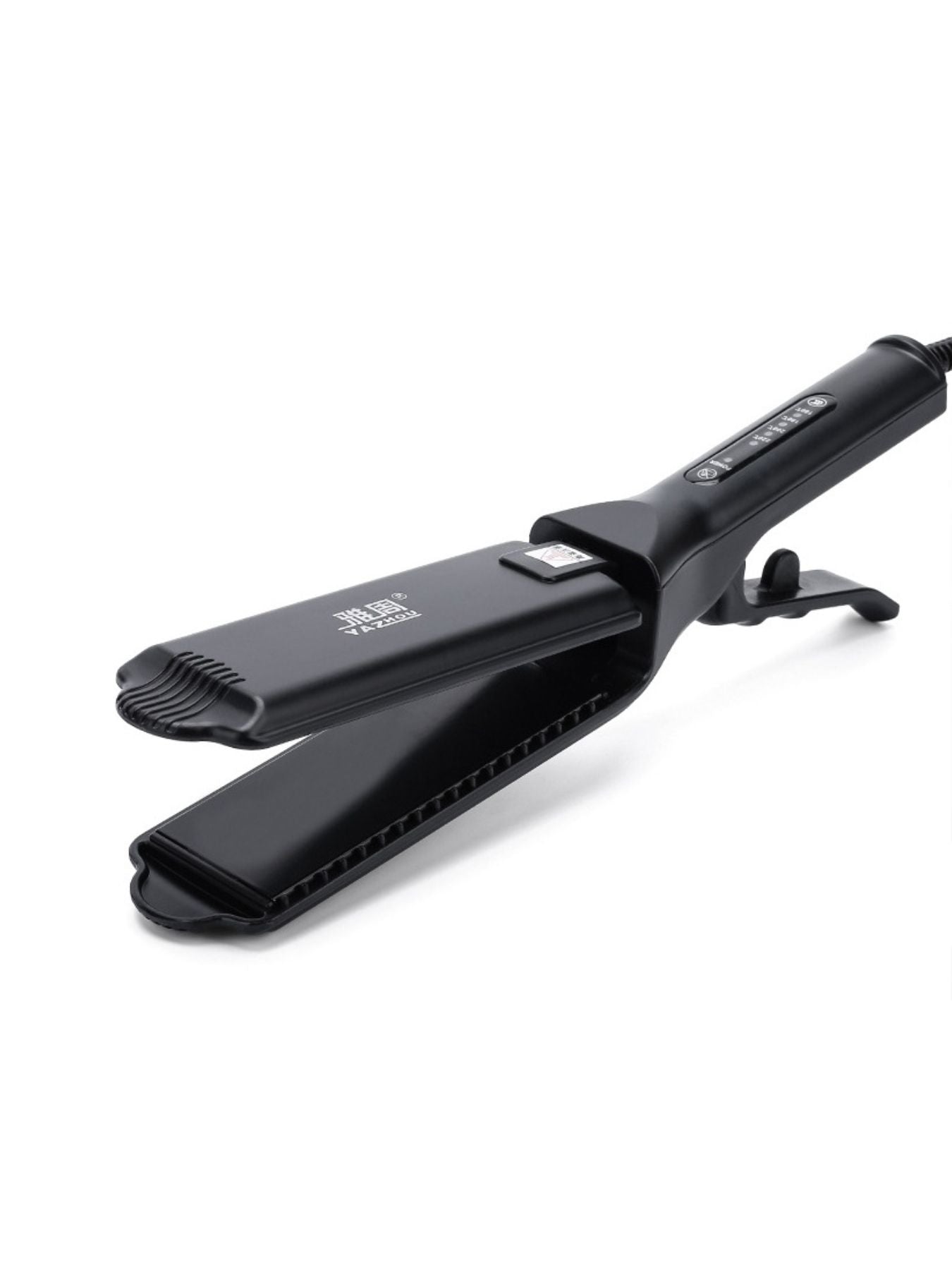 Black Trendsi adjustable temperature hair straightener with European plug, showcasing sleek design and heat control features.